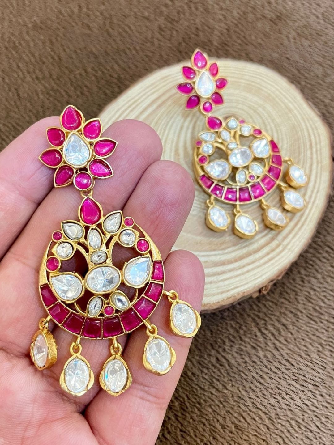Ishhaara Pink Moissanite Polki Earrings