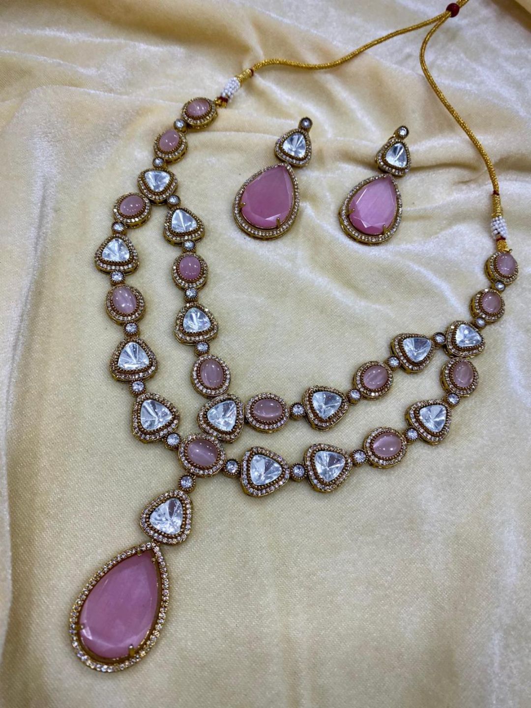 Ishhaara Pink Mossainite Polki Stone Layered Necklace