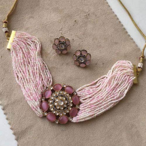Ishhaara Pink Moti Colored Round Patch Choker And Earring Set