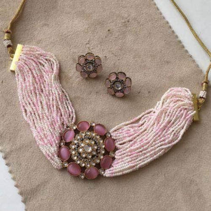 Ishhaara Moti Colored Round Patch Choker And Earring Set