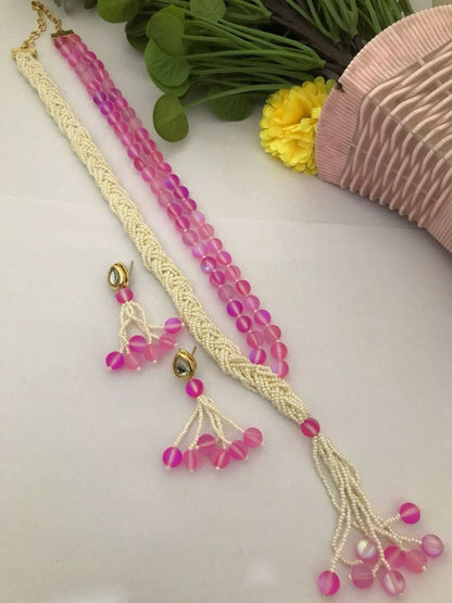 Ishhaara Pink Multi Layered Pearl Embedded Necklace Set