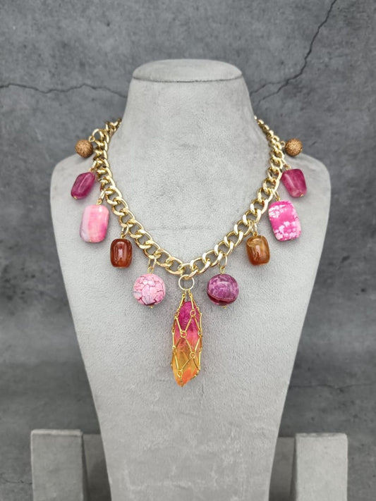 Ishhaara Pink Multicolored Stone Studded Charm Necklace