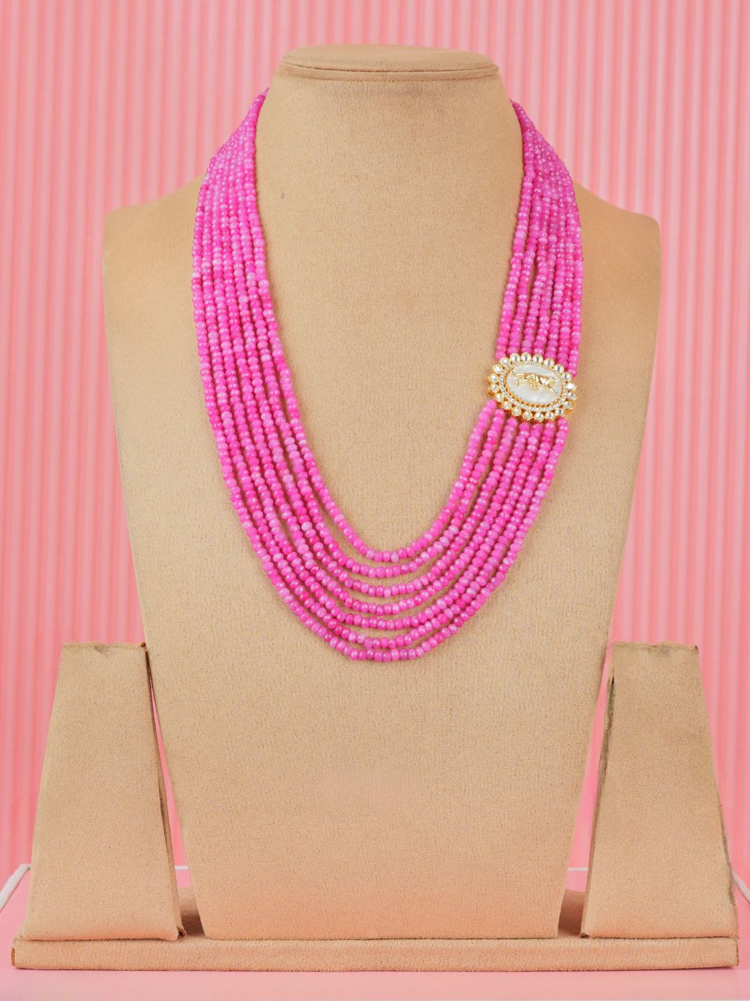 Ishhaara Pink Multilayered Beaded Necklace With Side Pendant Patch