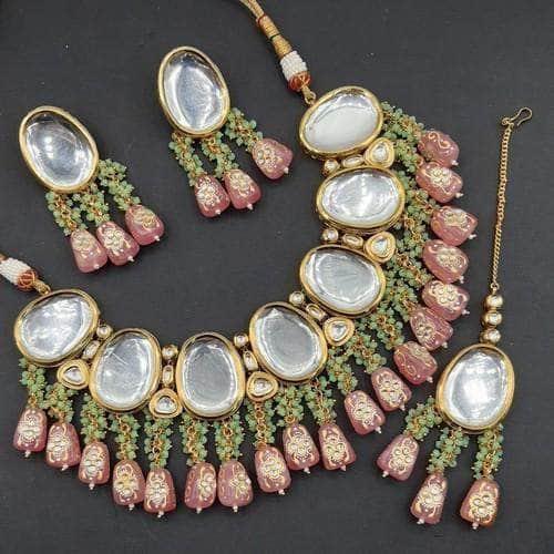 Ishhaara Oval Shaped Big Stone Ad Choker Necklace Set