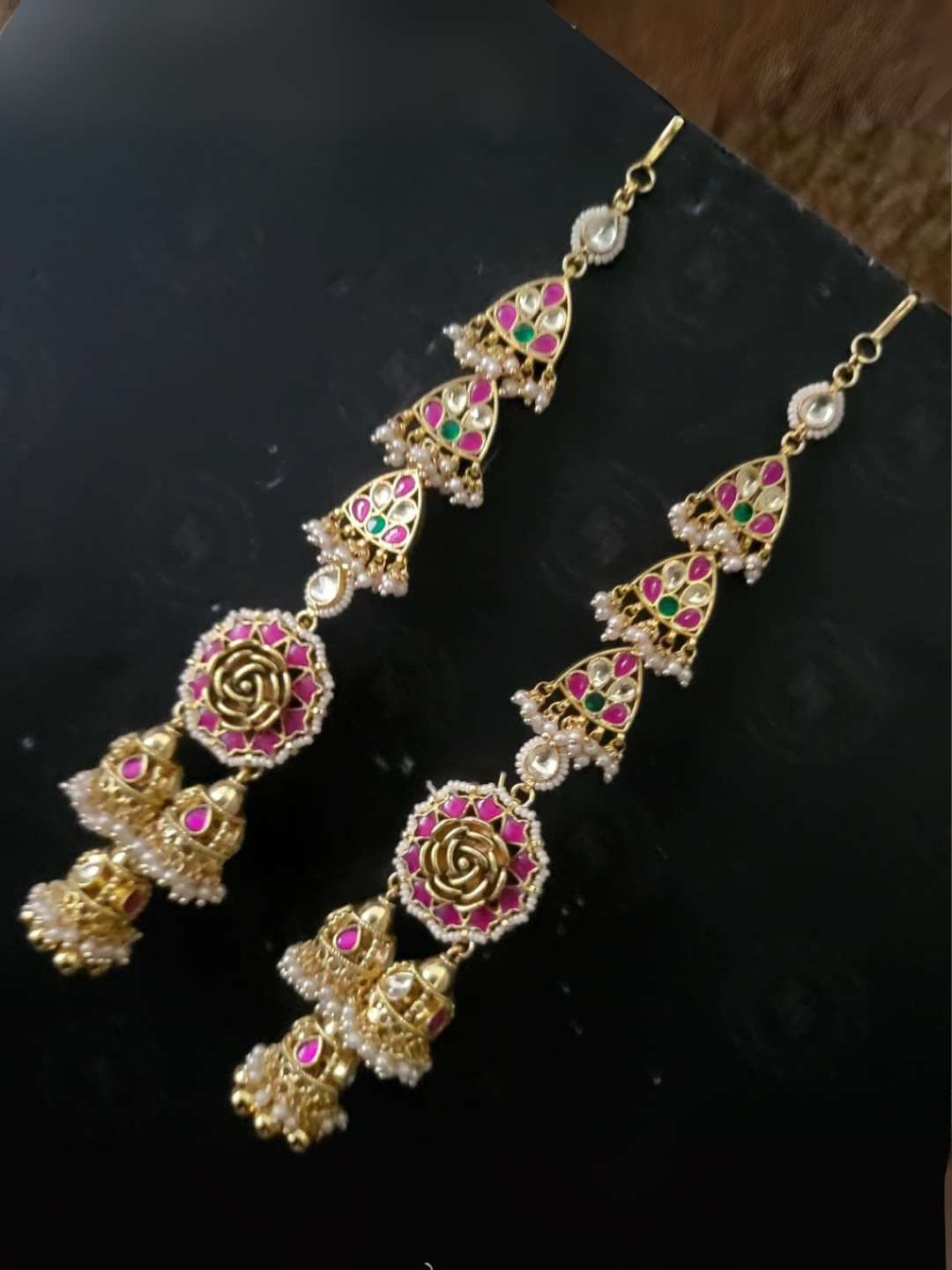 Ishhaara Pink Pacchi Kundan Studded Lotus Earrings With Kan Chains