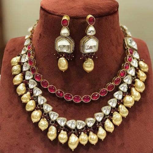 Ishhaara Pink Patchi Kundan 2 Line Baroque Pearl Necklace