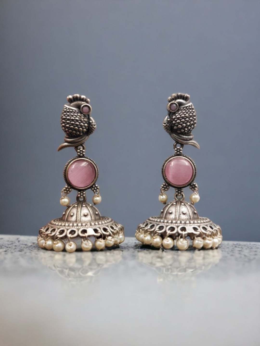 Ishhaara Pink Peacock Silver Oxidised Traditional Jhumka Earings