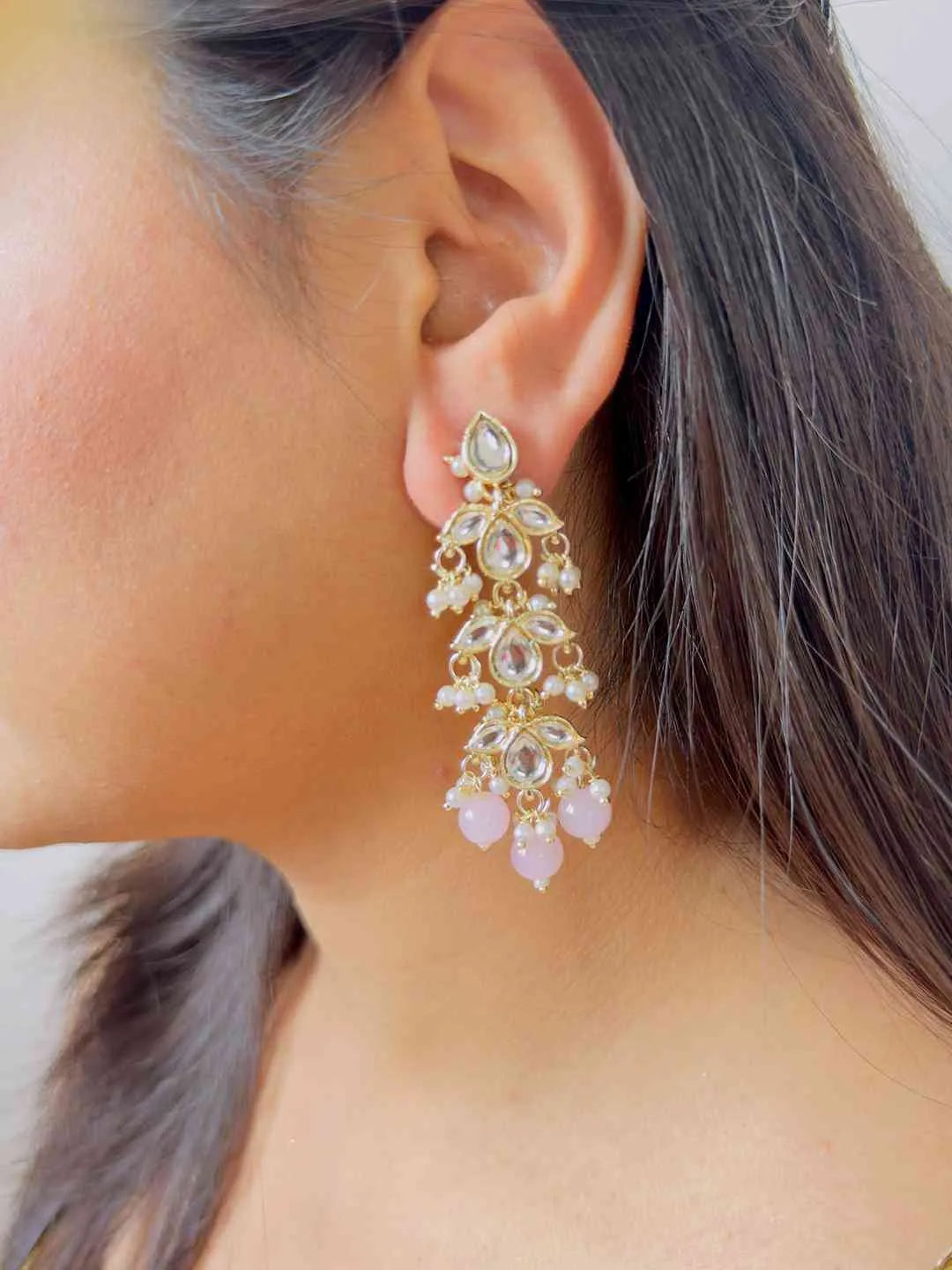 Ishhaara Pink Pearl Beaded Kundan Earrings