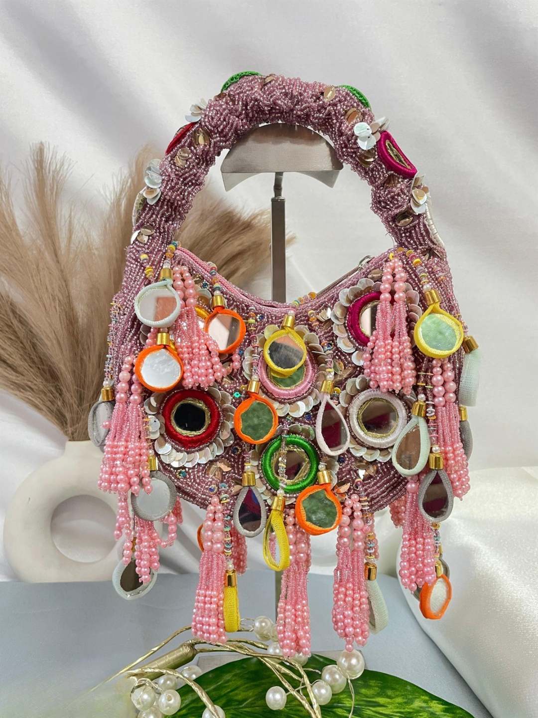 Ishhaara Pink Pearl Blossom Delight Clutch Moon Bag