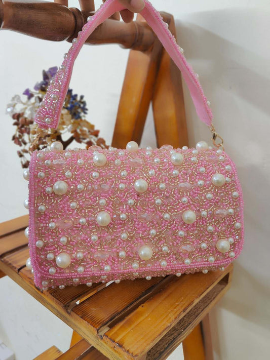 Ishhaara Pink Pearl Flap Clutch