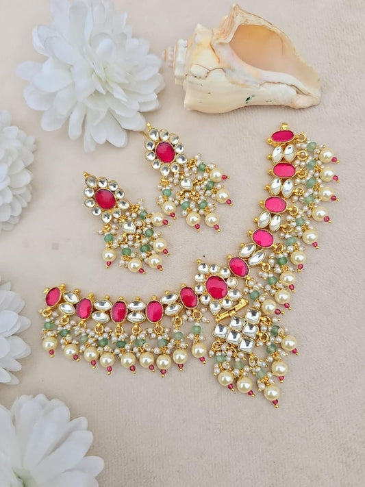 Ishhaara Pink Pearl Kundan Choker Necklace Set - handcrafted Indian jewellery