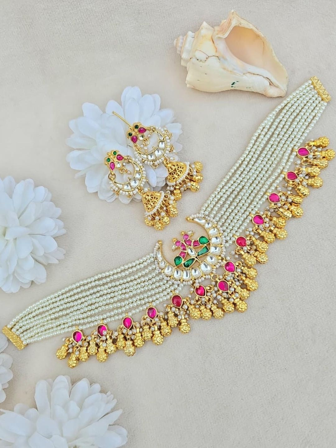 Ishhaara Pink Pearl Kundan Choker Necklace Set - handcrafted Indian jewellery