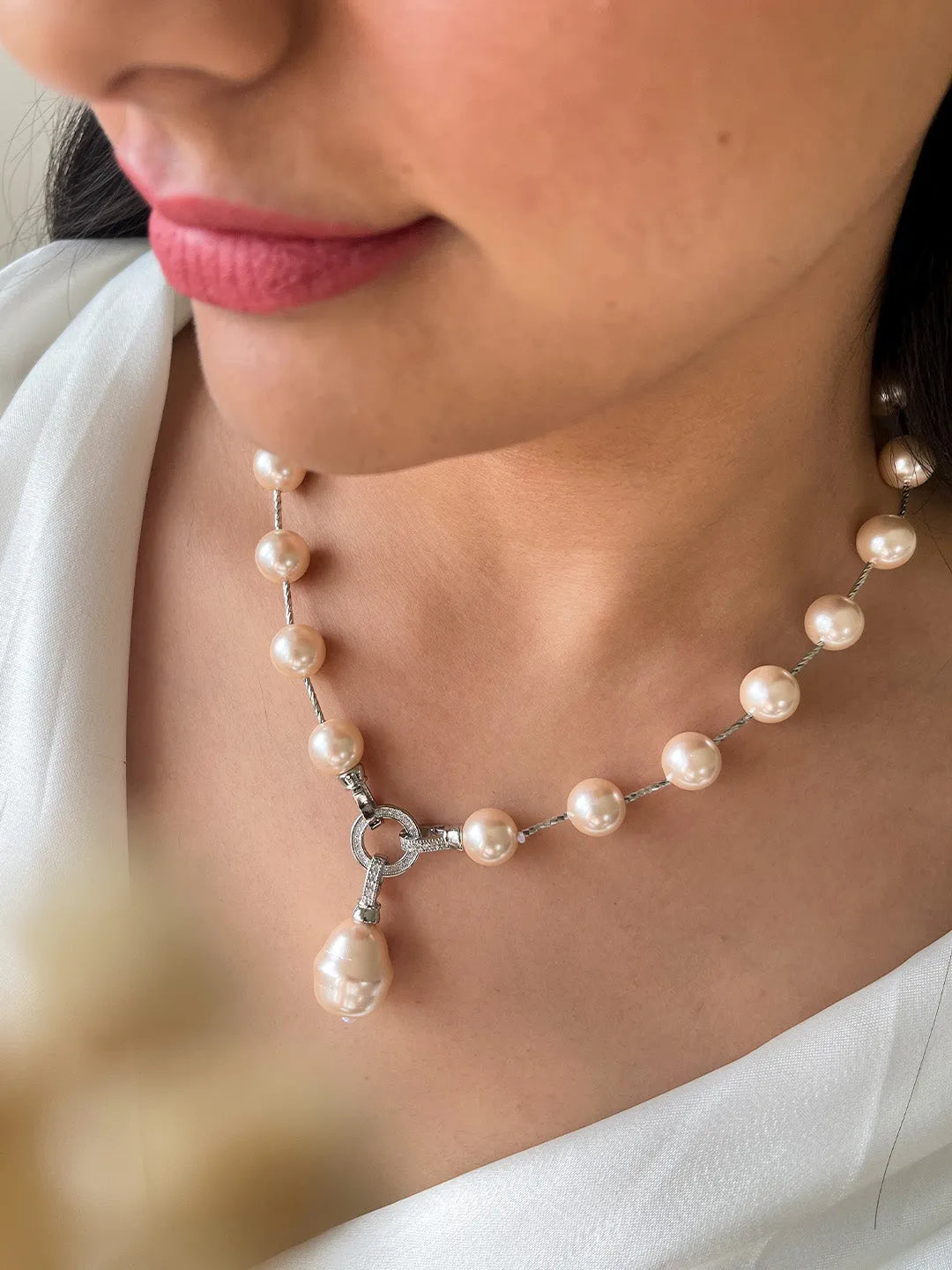 Ishhaara Pink Pearl Long Pendant Necklace