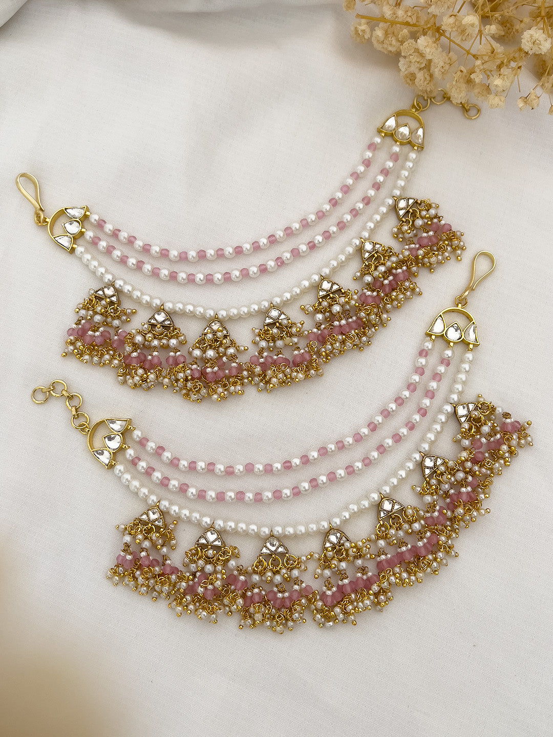 Ishhaara Pink Pearl Studded Ear Chain