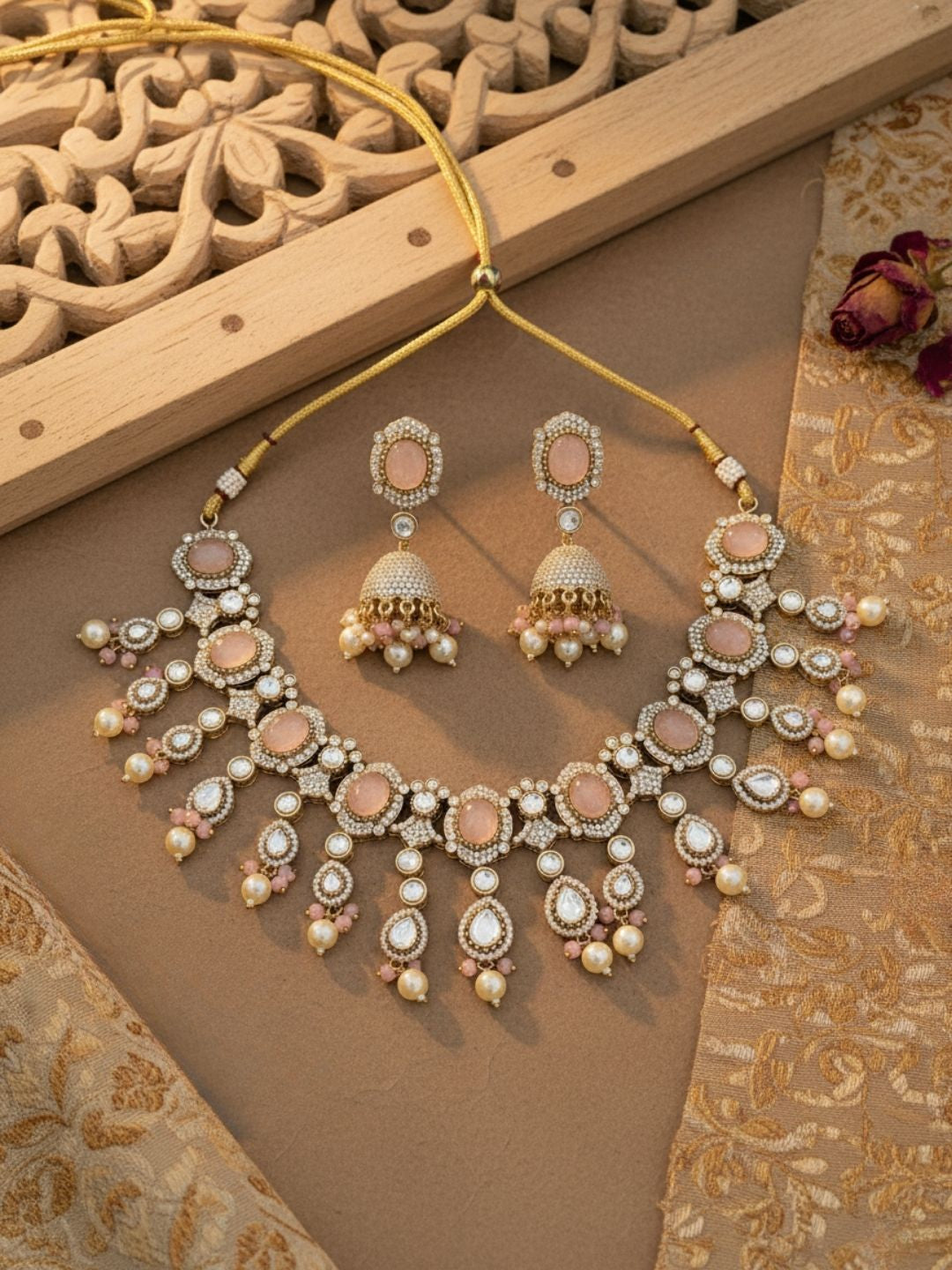 Ishhaara Pink Pearls Stones Polki And Drop Necklace Set