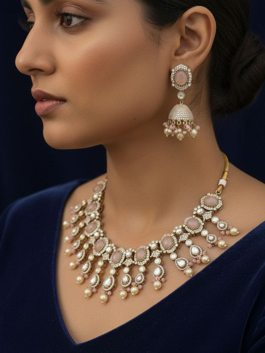 Ishhaara Pink Pearls Stones Polki And Drop Necklace Set