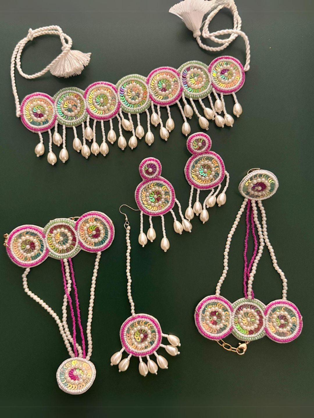 Ishhaara Pink Pink Floral Handmade Beaded Jewellery Set For Haldi,Mehndi, Baby Shower