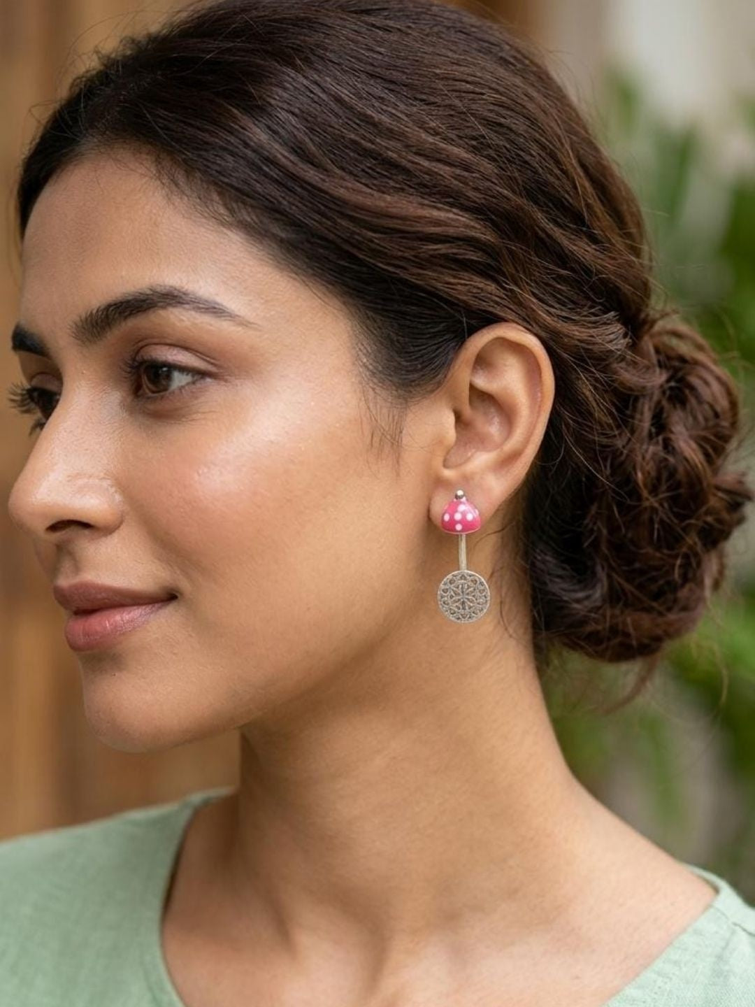 Pink Polka-Dot Mushroom & Silver Filigree Drop Earrings
