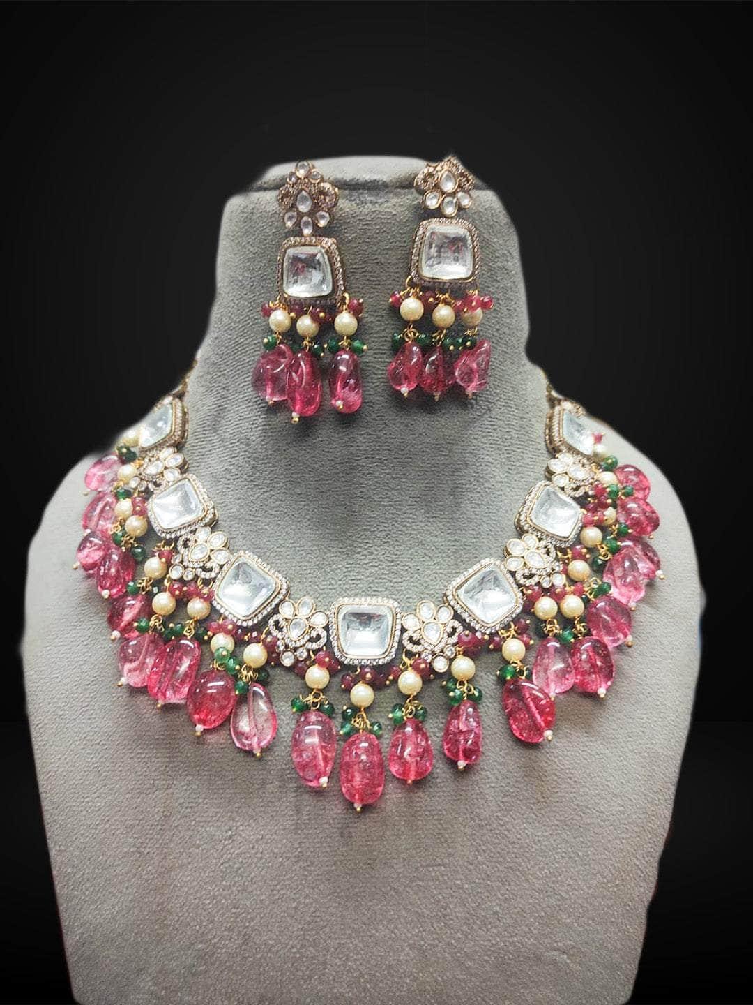 Ishhaara Pink Polki Brass Designer Necklace Set