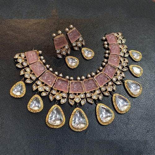 Ishhaara Pink Polki Kundan Carved Stone Necklace Set