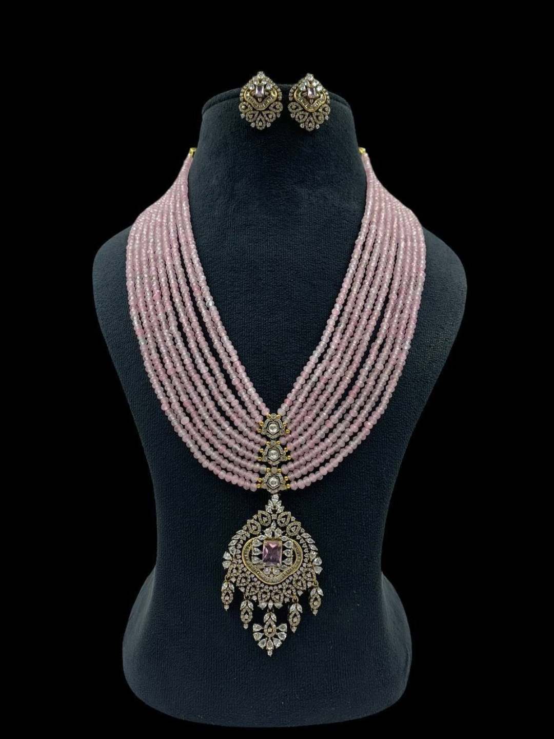 Ishhaara Pink Polki Long Beaded Diamond Necklace Set