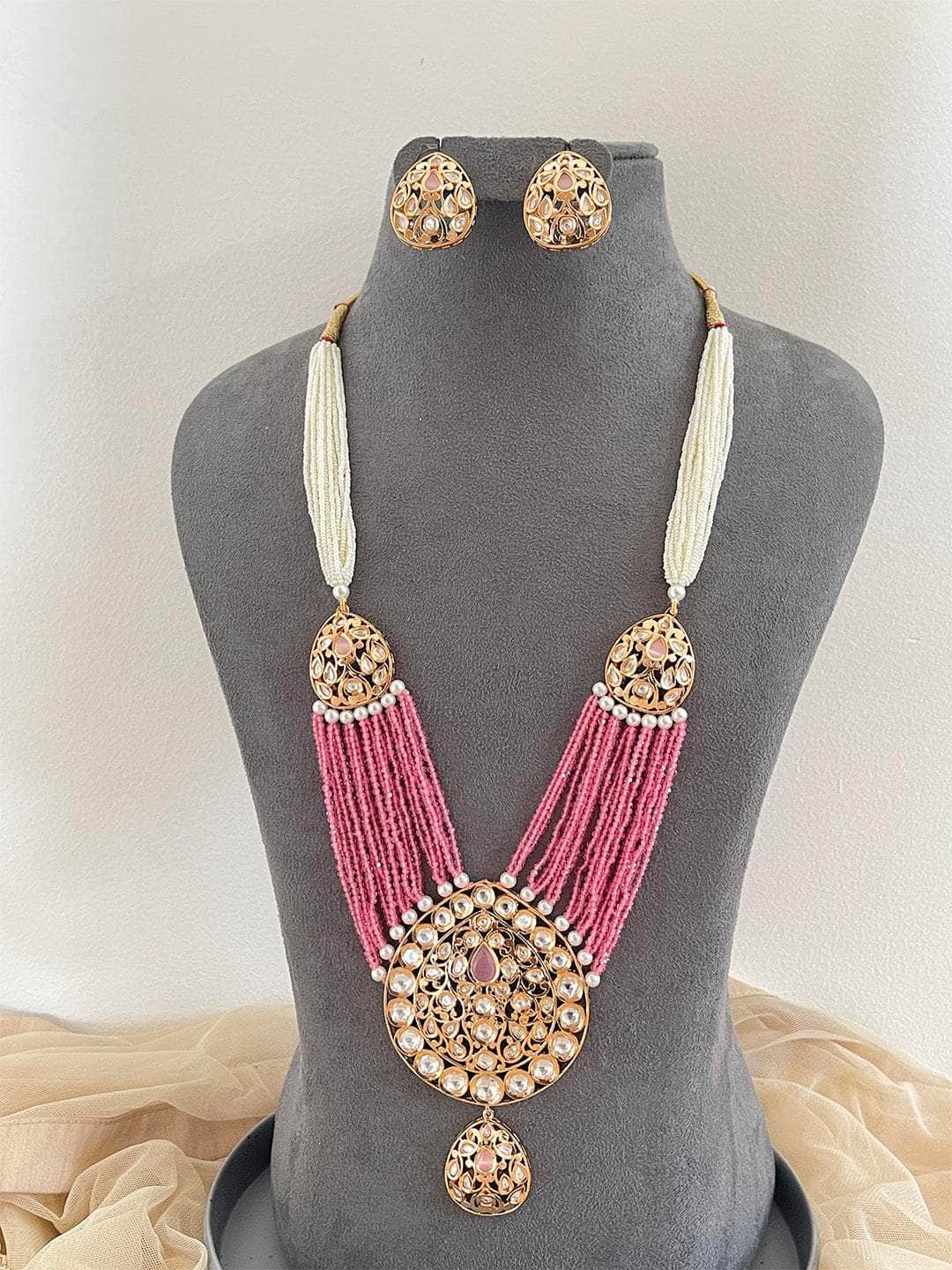 Ishhaara Pink Polki Rani Haar With Pearls Jewellery Set