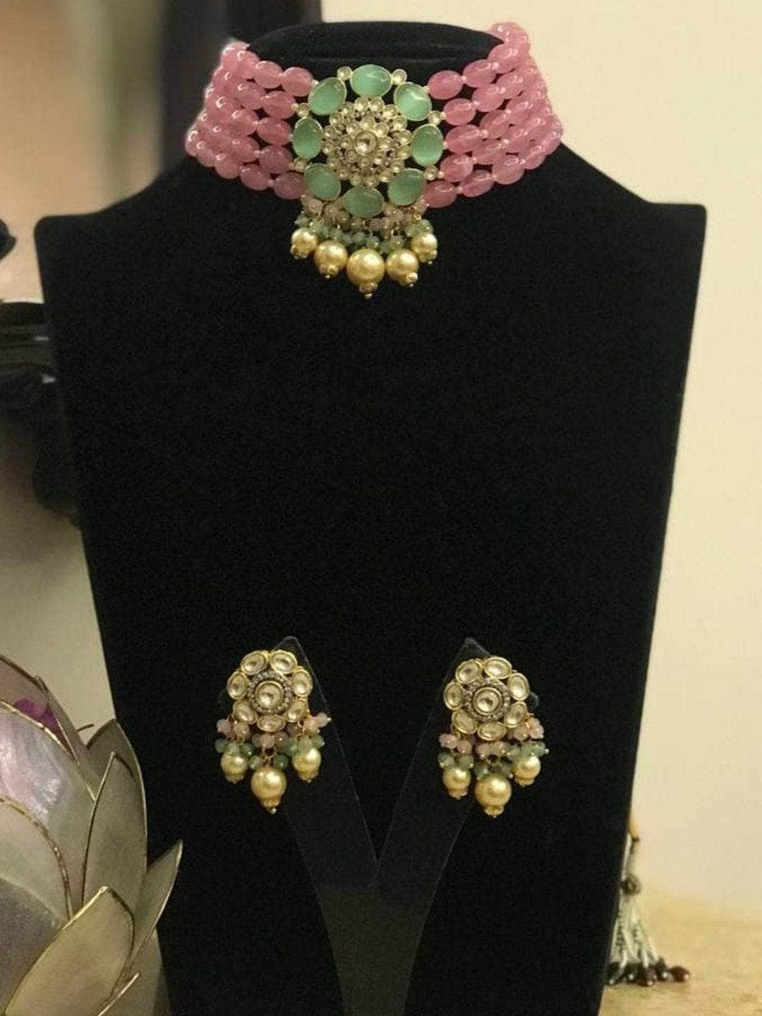 Ishhaara Pink Precious Choker Beaded Necklace Set