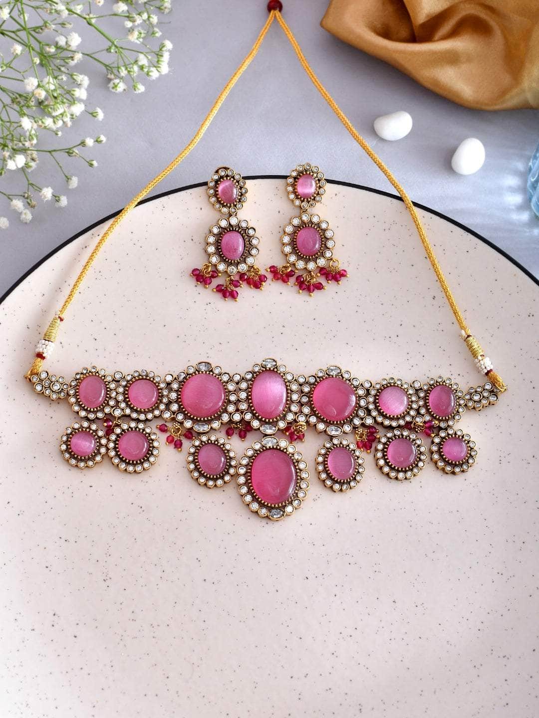 Ishhaara Pink Purple Kundan Pearl Necklace Set