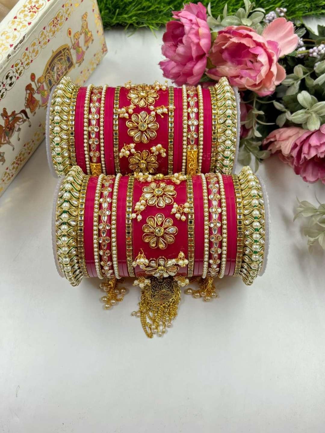 Ishhaara Pink Rajwadi Heavy Bridal Chooda With Golden Tassel Jhumka