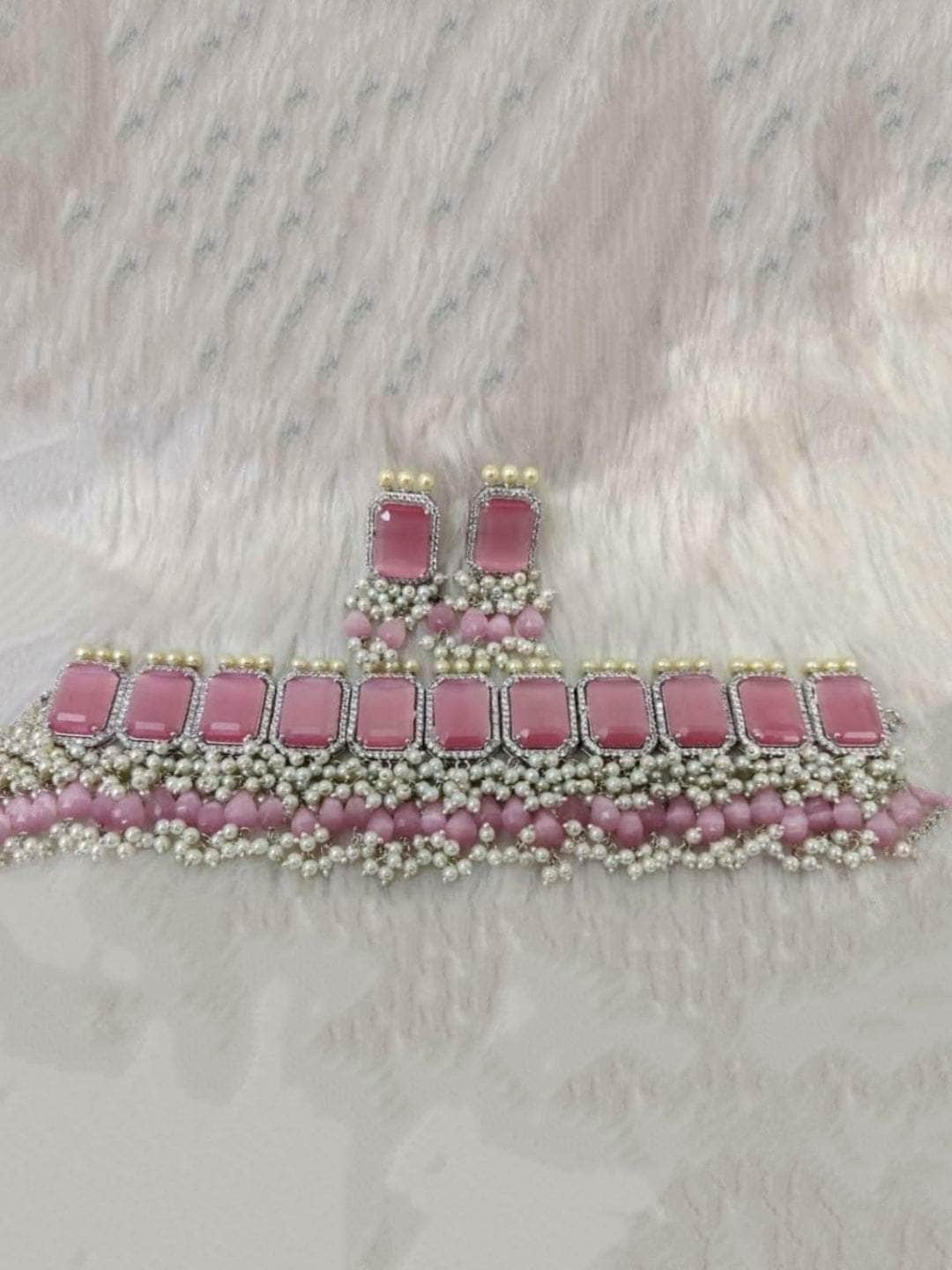 Ishhaara Pink Rectangular AD Stone Choker Set