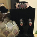 Ishhaara Pink Rectangular Carved Pearls Choker Necklace Set