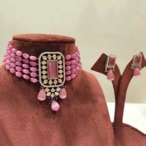Ishhaara Pink Rectangular Stone Pendant Choker Necklace Set