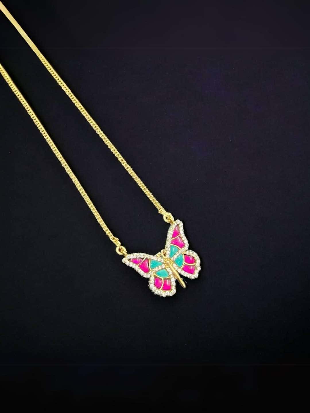 Ishhaara Pink Rhinestone Embellished Butterfly Pendant Necklace