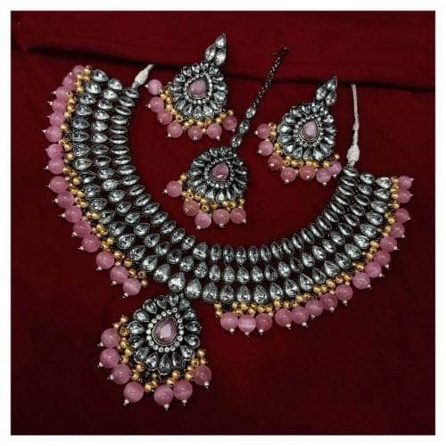 Ishhaara Pink Rodium Drip Pendant Kundan Necklace Earring And Teeka Set