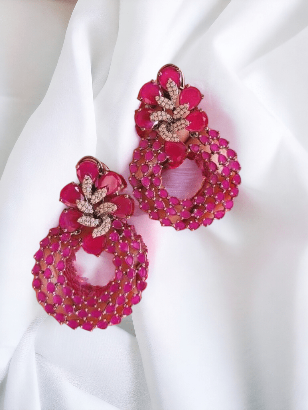 Ishhaara Pink Round Colorful Glam Rhinestone Earrings