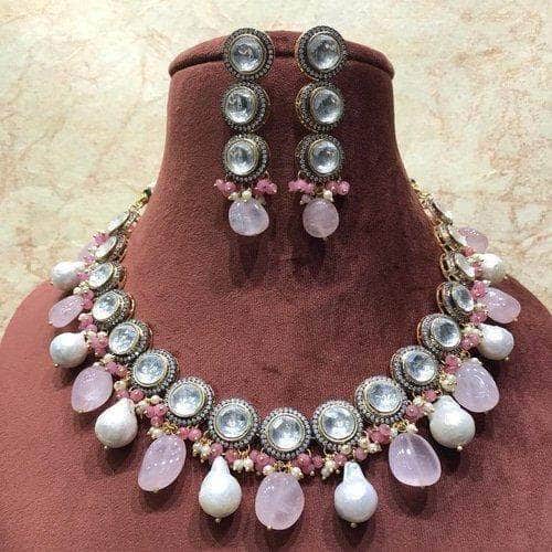 Ishhaara Pink Round Patchi Semi Precious Necklace