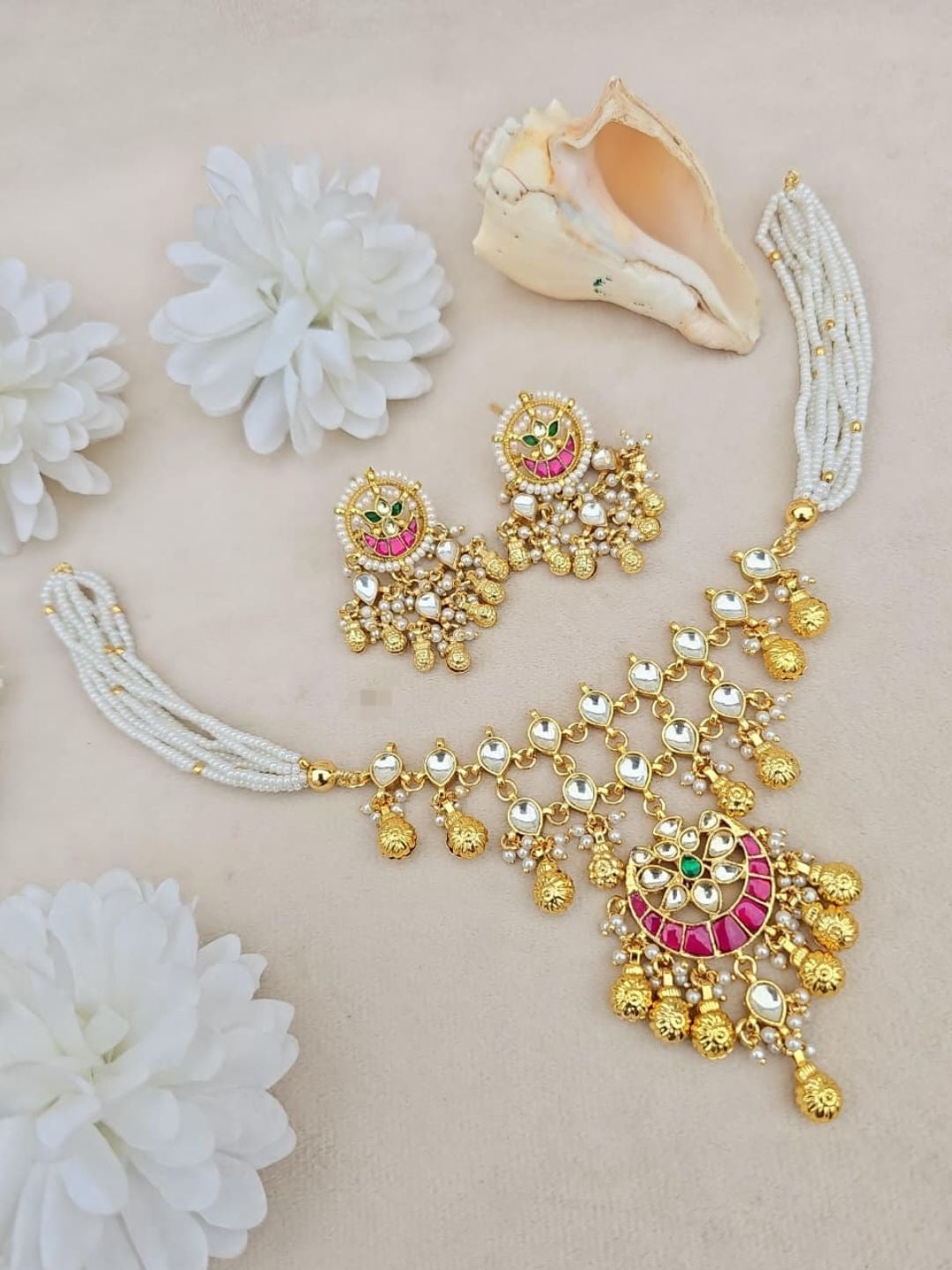 Ishhaara Pink Ruby Kundan Necklace Set - handcrafted Indian jewellery