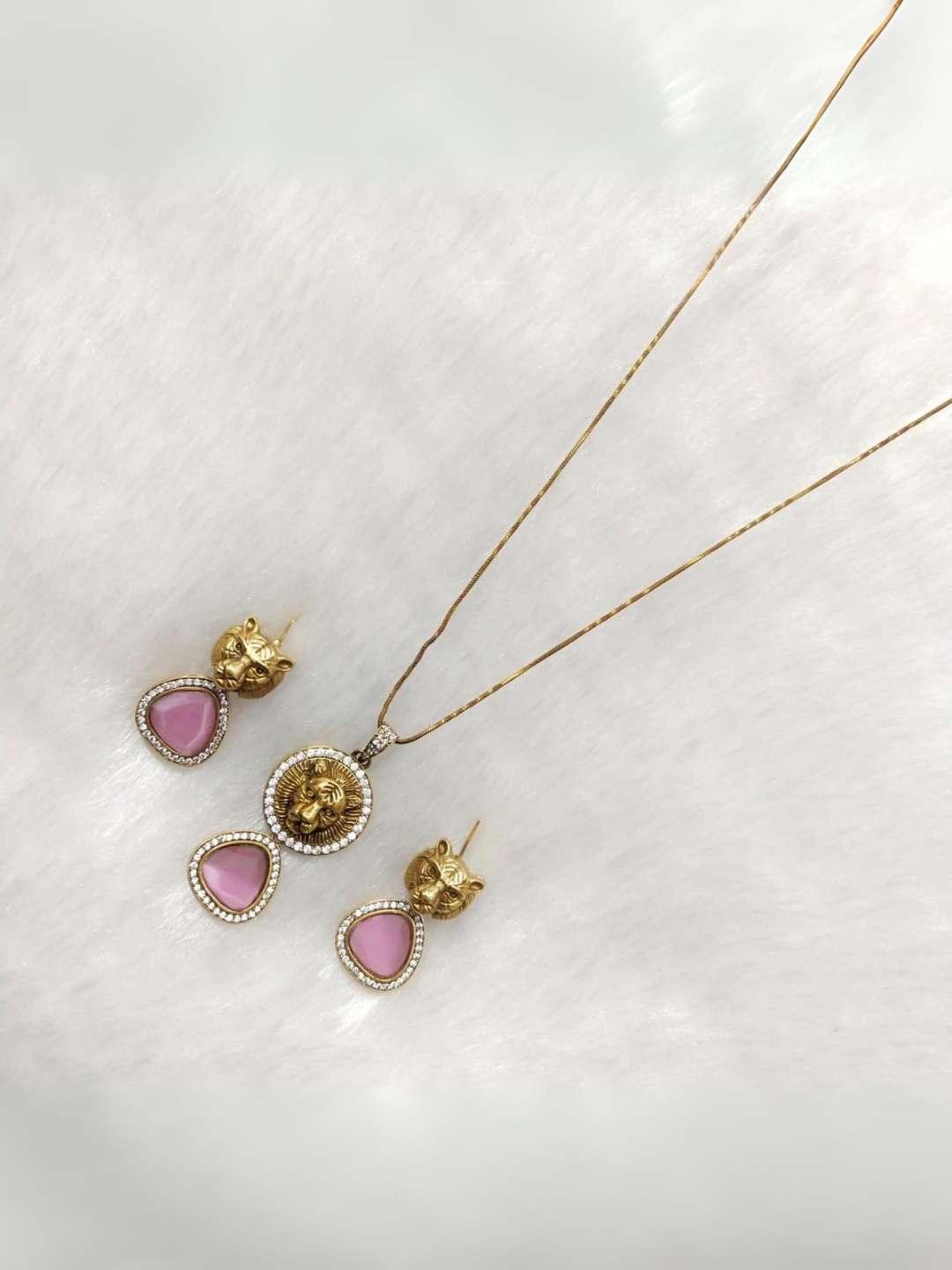 Ishhaara Pink Sabyasachi Inspired Triangle Drop Pendant Necklace