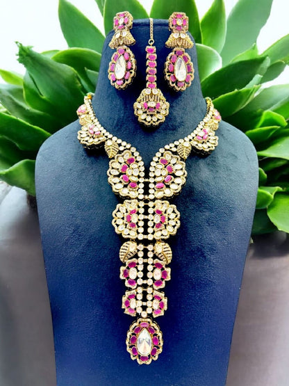 Ishhaara Pink Semiprecious Stones Studded Victorian Long Necklace