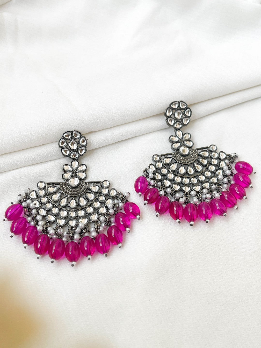 Ishhaara Pink Silver Plated Stone Studded And Beaded Drop Earrings