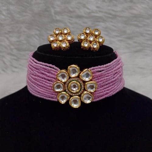 Ishhaara Pink Simple Moti Kundan Choker Necklace Set