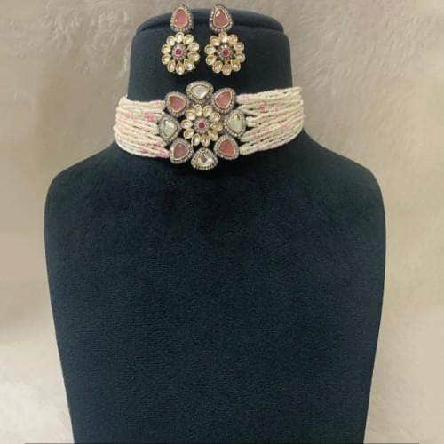 Ishhaara Pink Small Pearls Choker And Earring Set