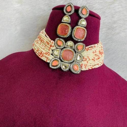 Ishhaara Square Carved Stone Moti Necklace And Earring Set