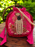 Ishhaara Pink Sreenathji Designer Hand Embroidery Potli Bag
