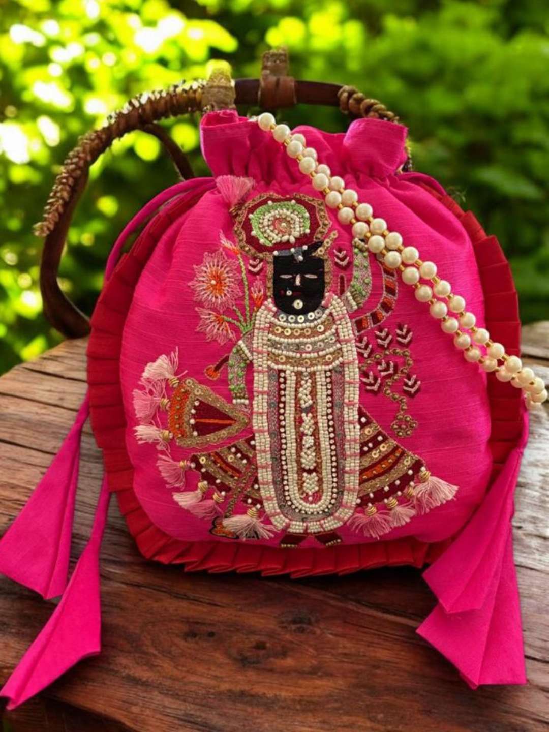 Ishhaara Pink Sreenathji Designer Hand Embroidery Potli Bag