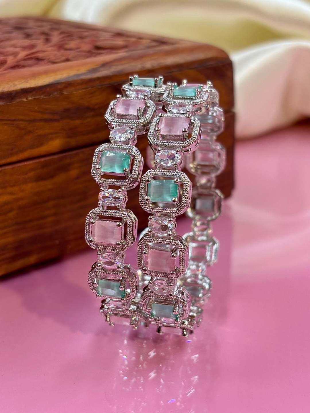 Ishhaara Pink Stone Embellished American Diamond Bangels
