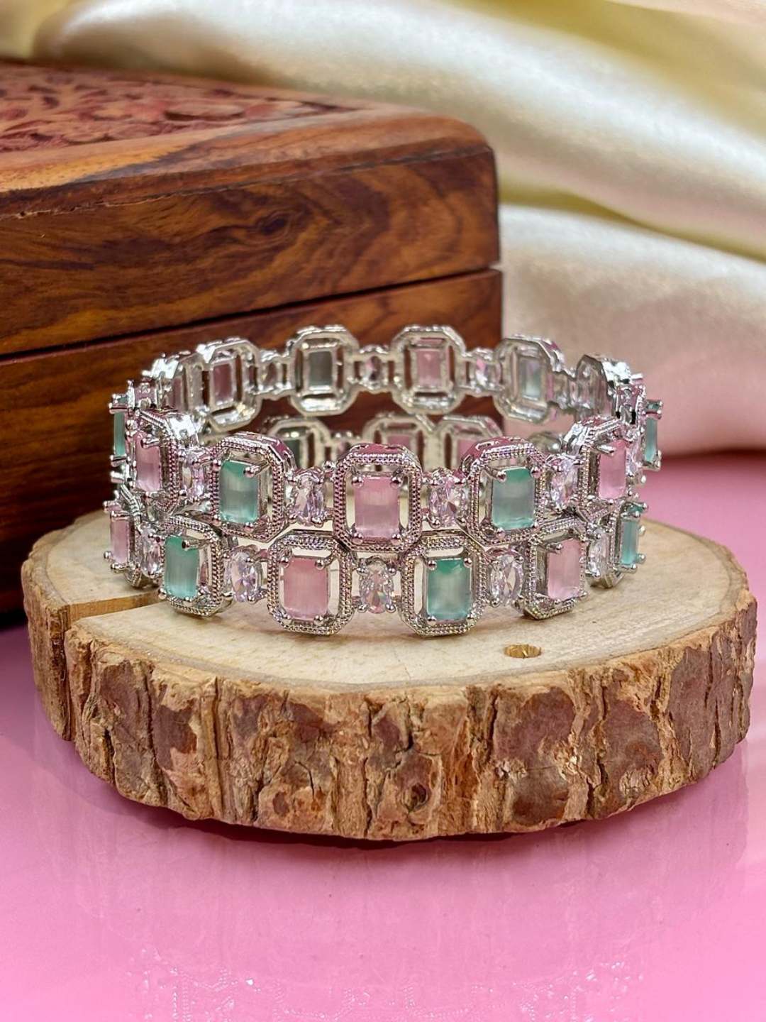 Ishhaara Pink Stone Embellished American Diamond Bangels