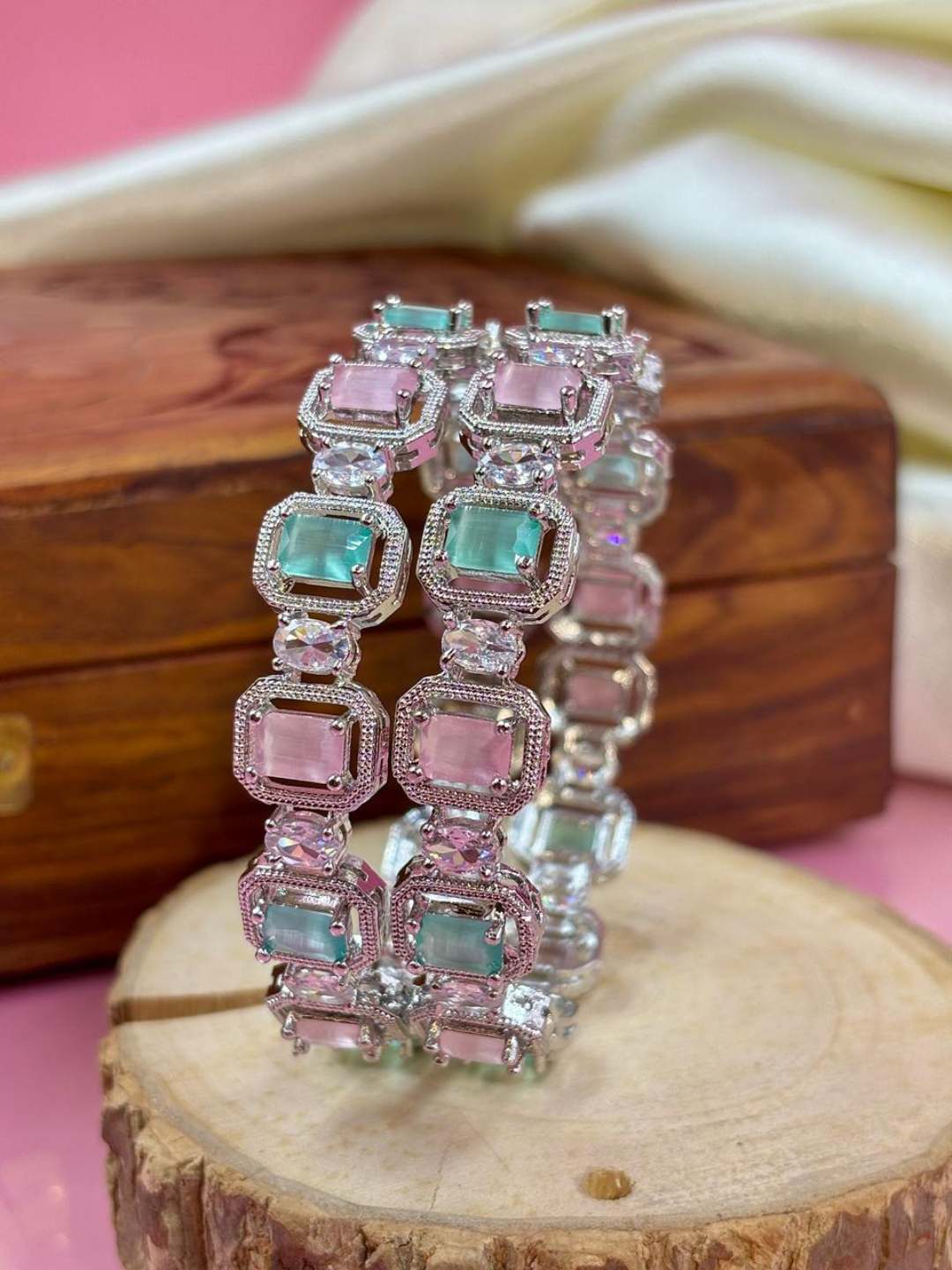 Ishhaara Pink Stone Embellished American Diamond Bangels