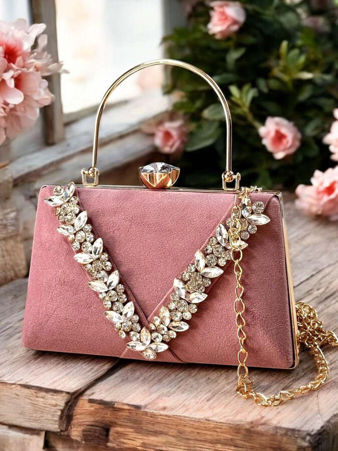 Ishhaara Pink Stone Embellished Velvet Box Clutch