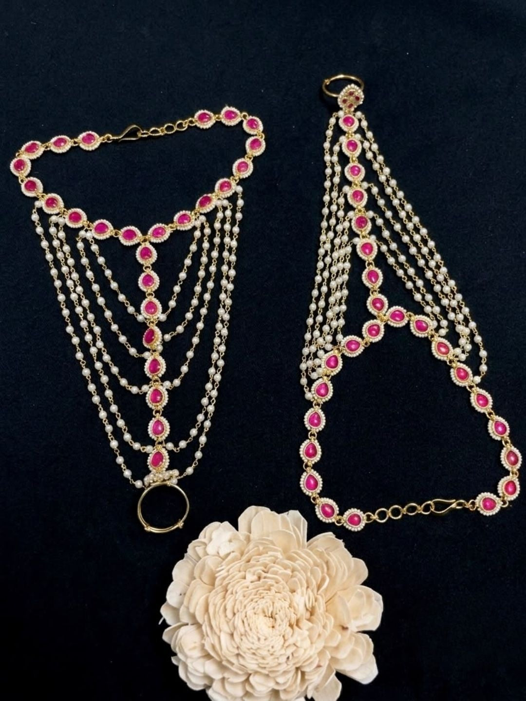 Ishhaara Pink Stone Layered Hathphool Pair - handcrafted Indian jewellery